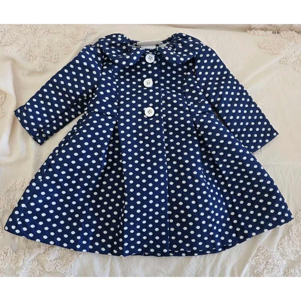 Bonnie Baby 12M Navy Polka Dot Coat Jacket Girls Bow Button Front Toddler 2...